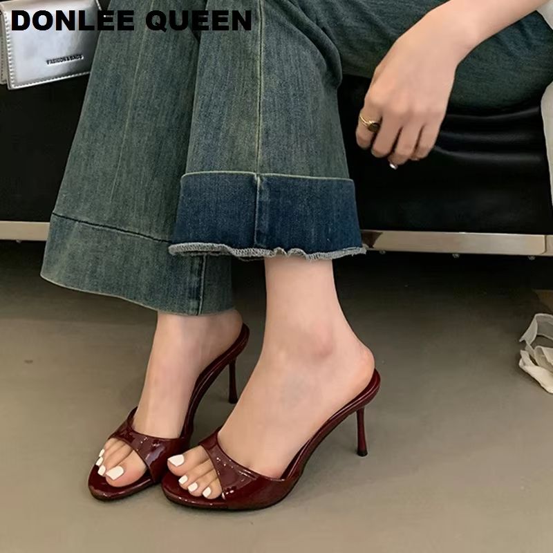 VelvetLuxe Patent Leather High Heel Slides Sexy Thin Open Toe Pumps For Women 1