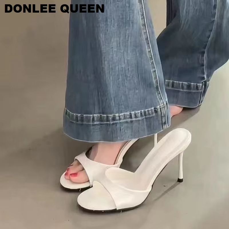 VelvetLuxe Patent Leather High Heel Slides Sexy Thin Open Toe Pumps For Women 2