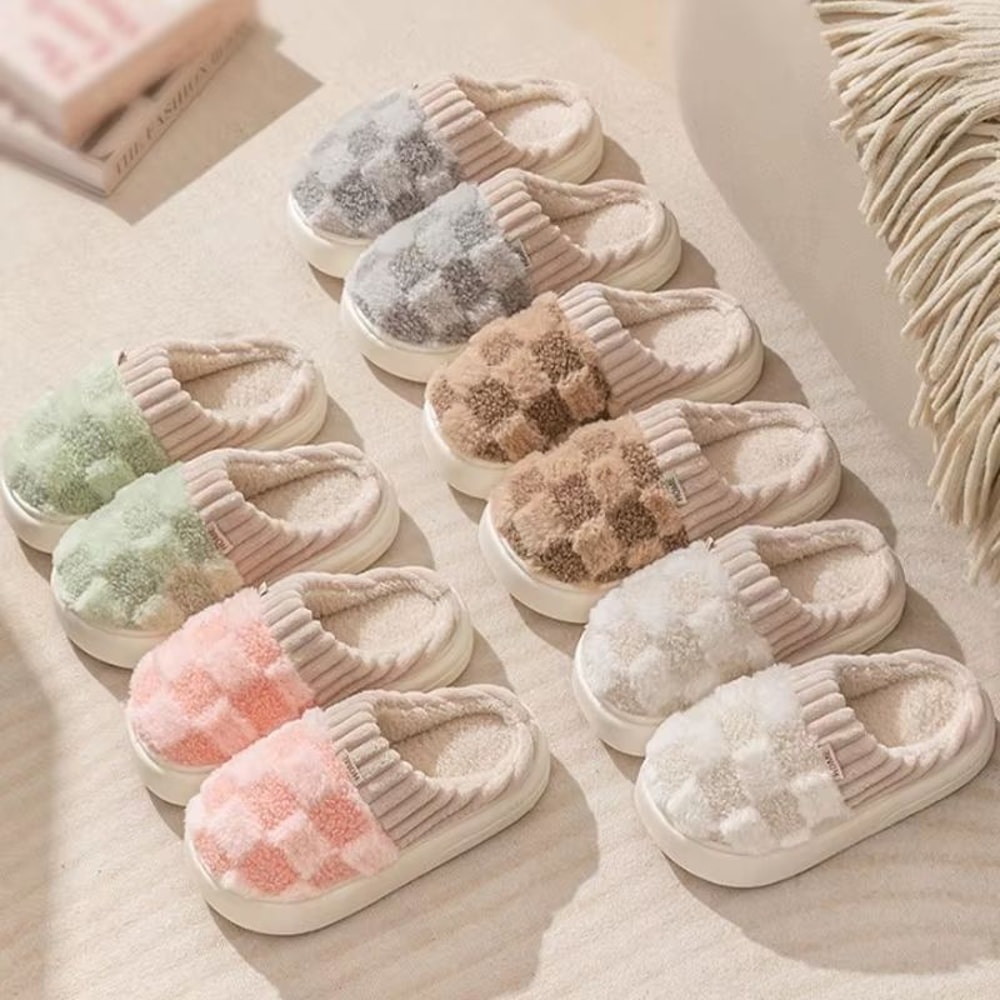 CozyCouple Plaid Winter Fluffy Indoor Slippers For Men And Women 1