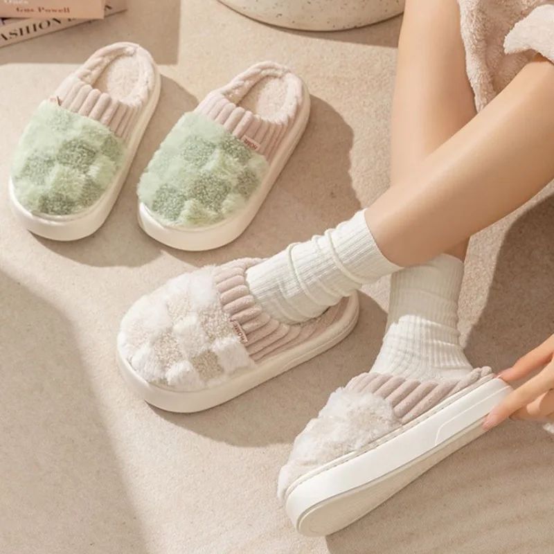 CozyCouple Plaid Winter Fluffy Indoor Slippers For Men And Women 2