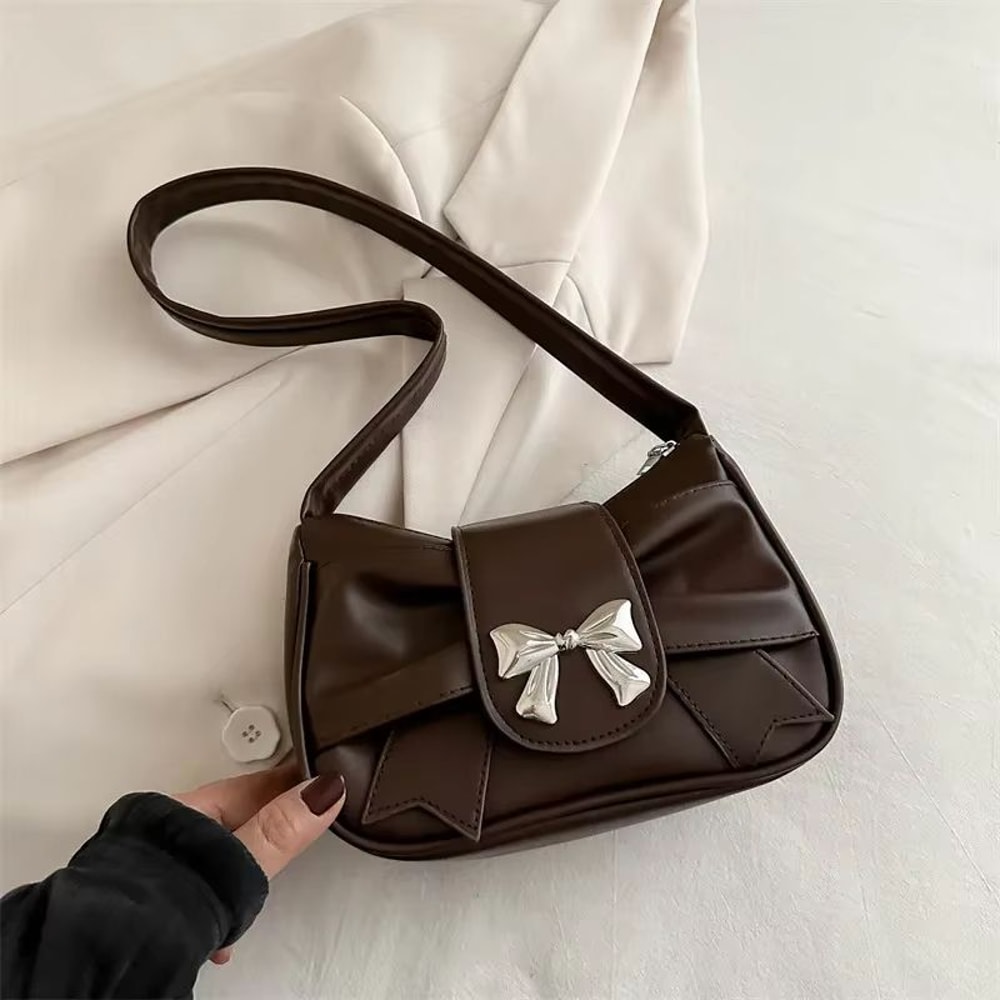 Elegant Bow Underarm Shoulder Bag For Women Soft PU Leather Commuting Purse 10