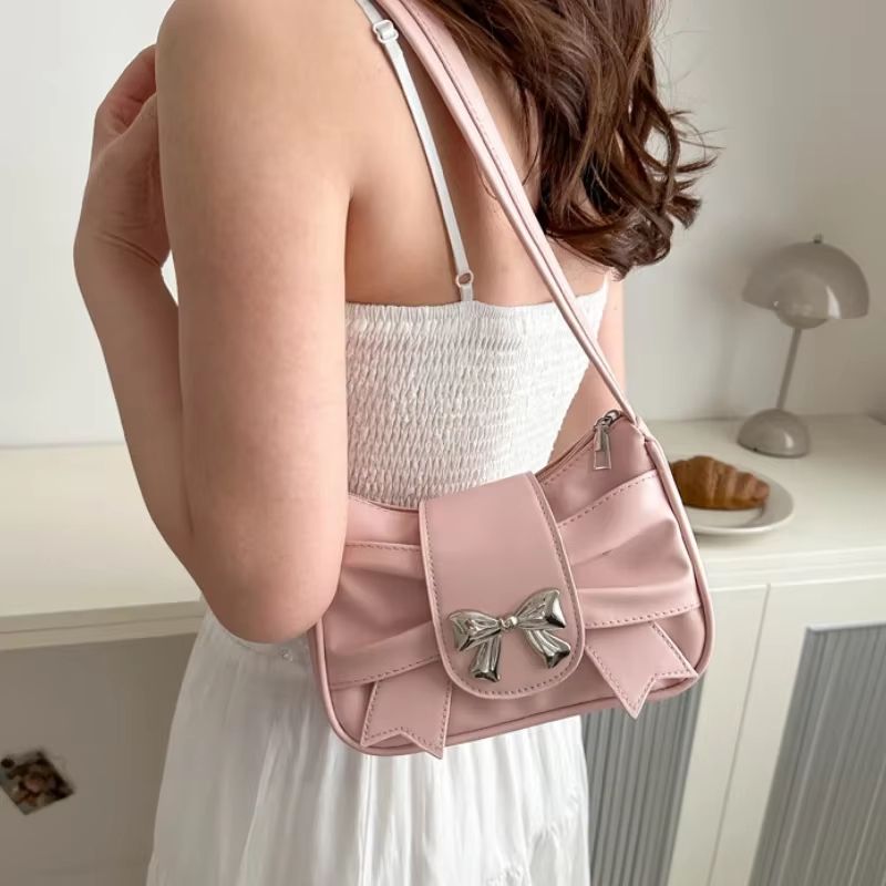 Elegant Bow Underarm Shoulder Bag For Women Soft PU Leather Commuting Purse 3