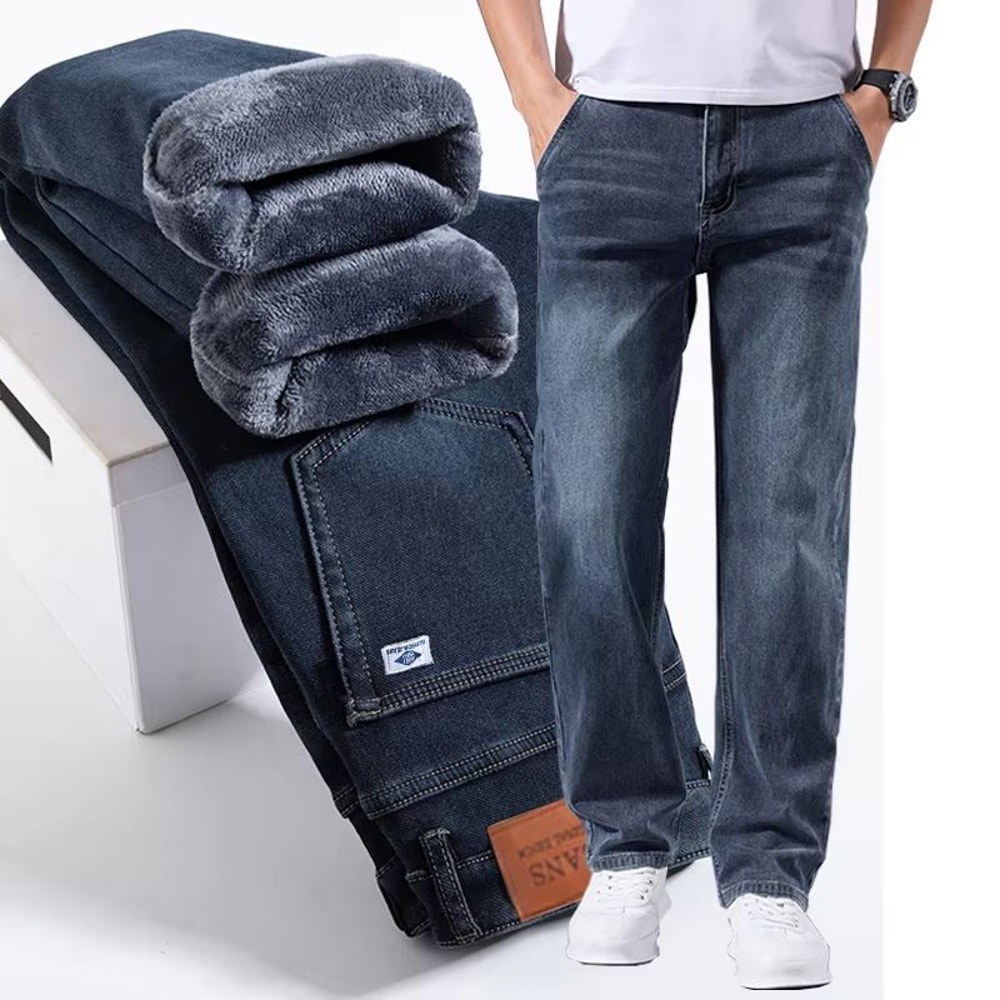 Mens Winter Warm FleeceLined Stretch Jeans Casual Business Trousers 0