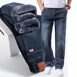 men's winter warm fleece-lined stretch jeans casual business trousers