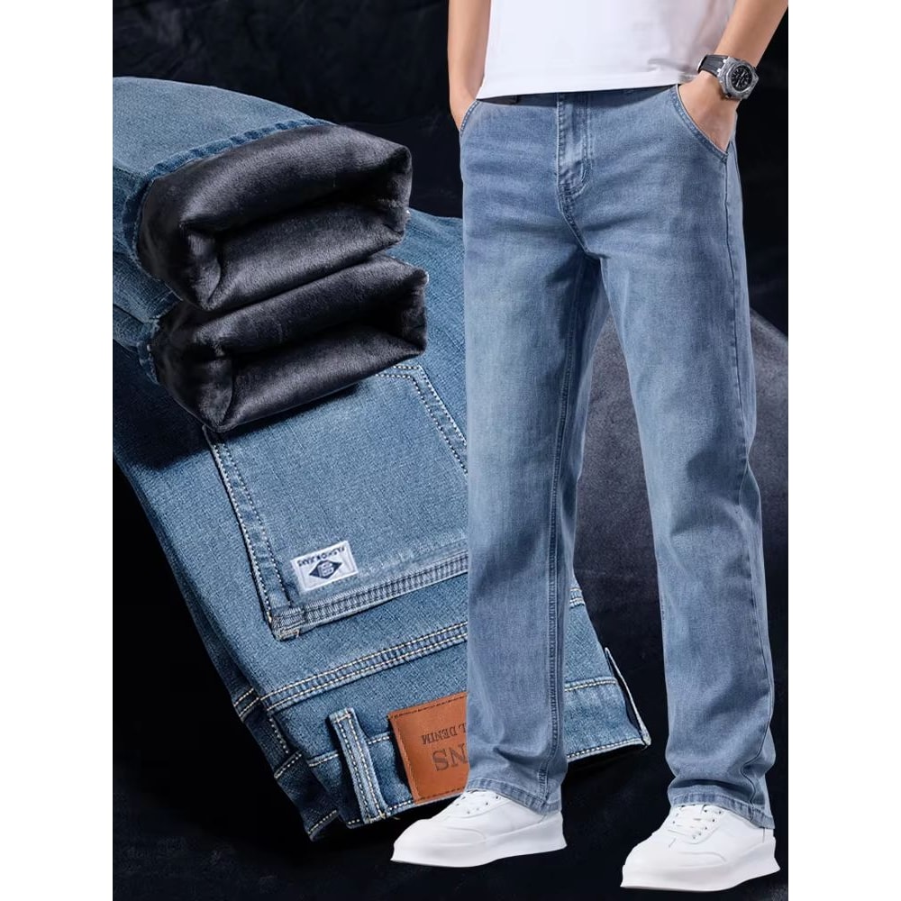 Mens Winter Warm FleeceLined Stretch Jeans Casual Business Trousers 8