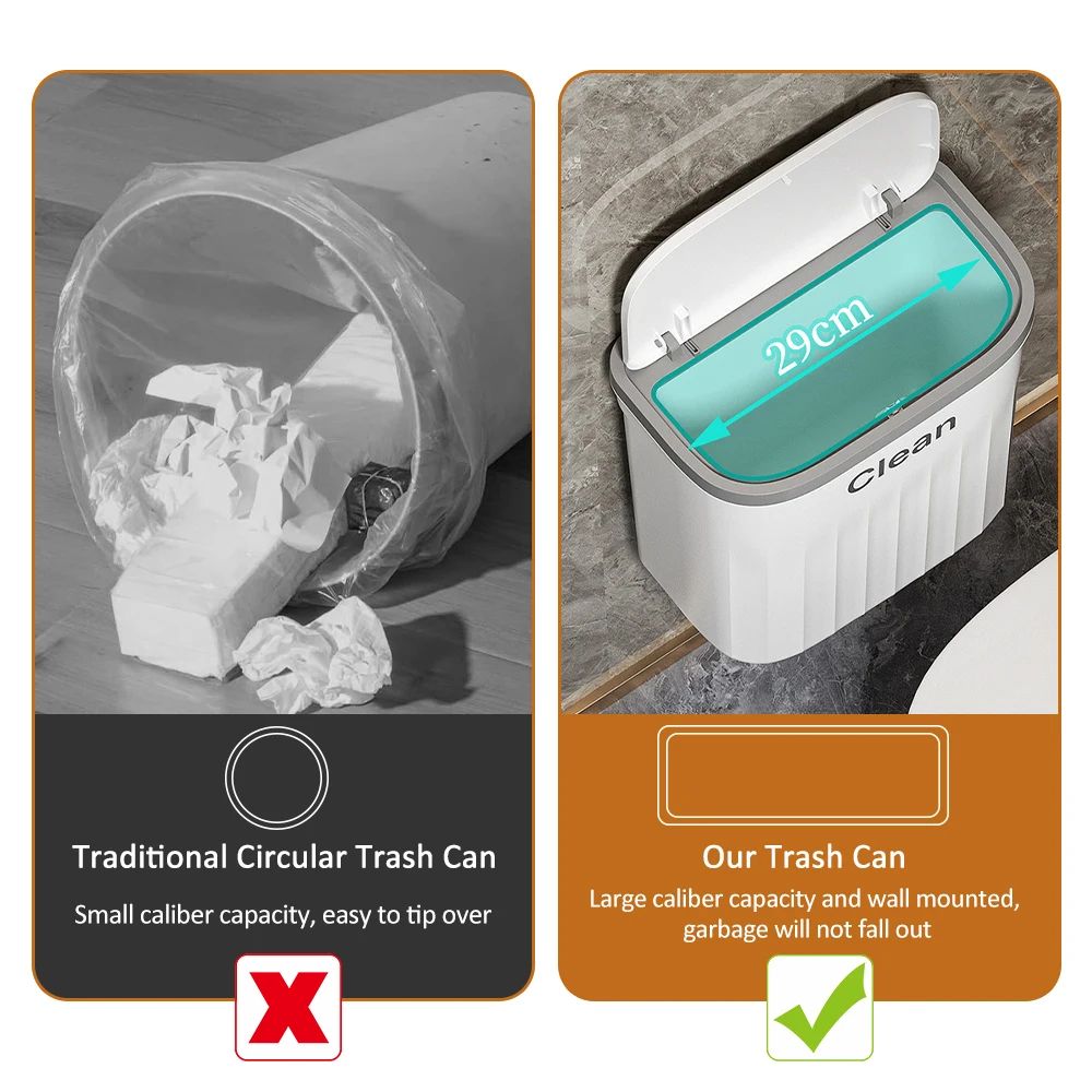 PressType Wall Mounted Trash Can 1216L With Lid For Bathroom And Kitchen 1