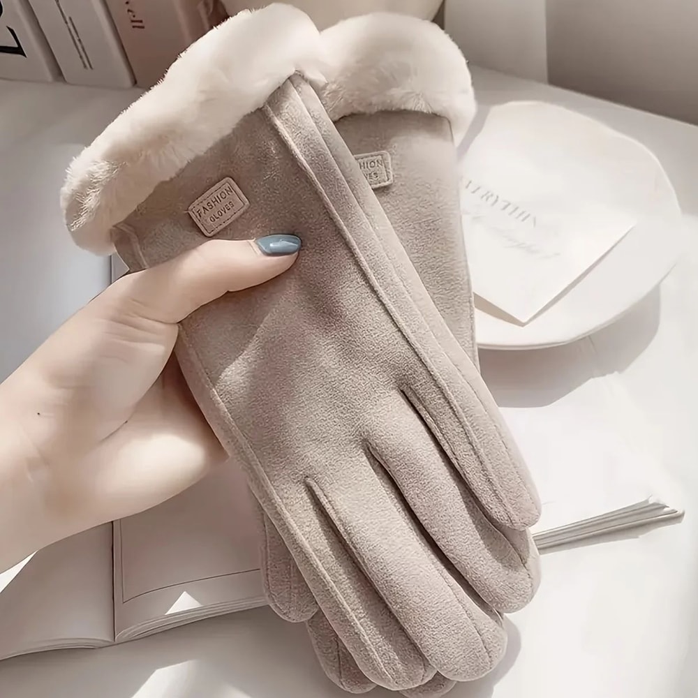 Beige Plush Lined Touchscreen Winter Gloves For Women And Men 2