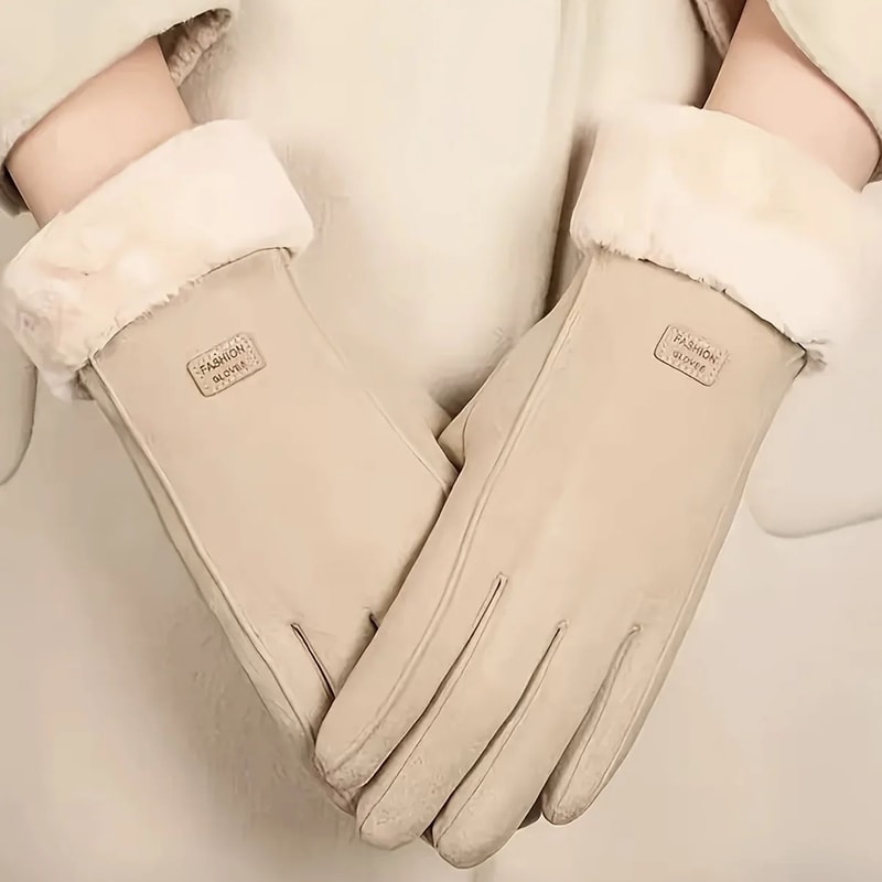 Beige Plush Lined Touchscreen Winter Gloves For Women And Men 3