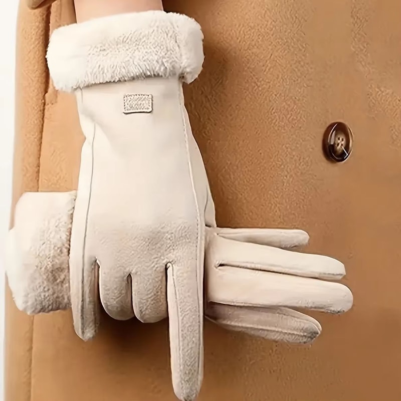 Beige Plush Lined Touchscreen Winter Gloves For Women And Men 4