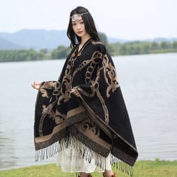 luxury jacquard cashmere poncho cape, thick unisex travel shawl wrap