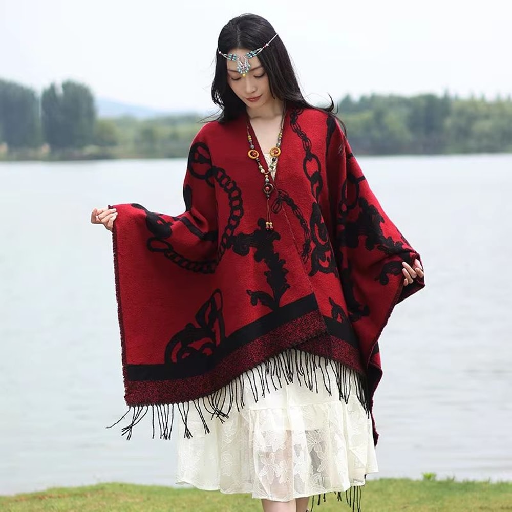 Luxury Jacquard Cashmere Poncho Cape Thick Unisex Travel Shawl Wrap 9