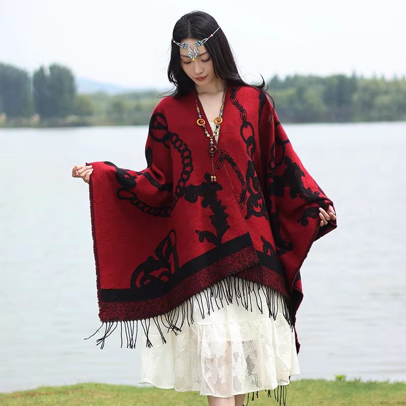 Luxury Jacquard Cashmere Poncho Cape Thick Unisex Travel Shawl Wrap 9