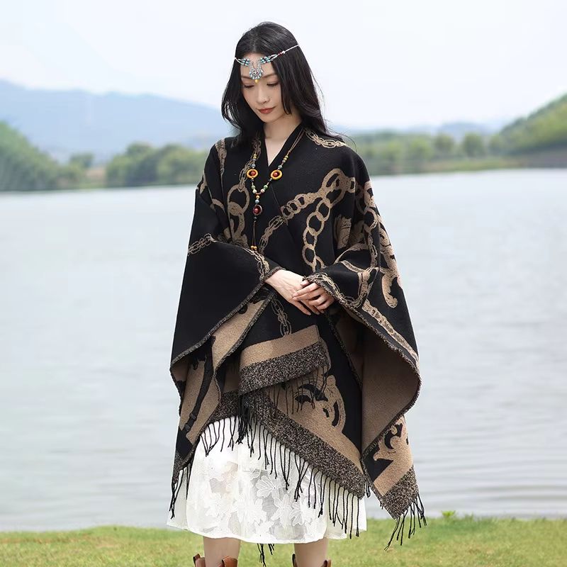Luxury Jacquard Cashmere Poncho Cape Thick Unisex Travel Shawl Wrap 5