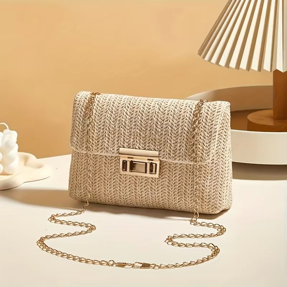 Woven Straw Shoulder Bag Small Crossbody Handbag With Polyester Lining 2