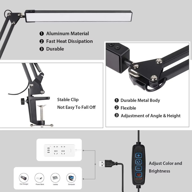 Adjustable Metal Swing Arm LED Desk Lamp With Clamp EyeCaring Architect Light With 3 Color Modes A 2