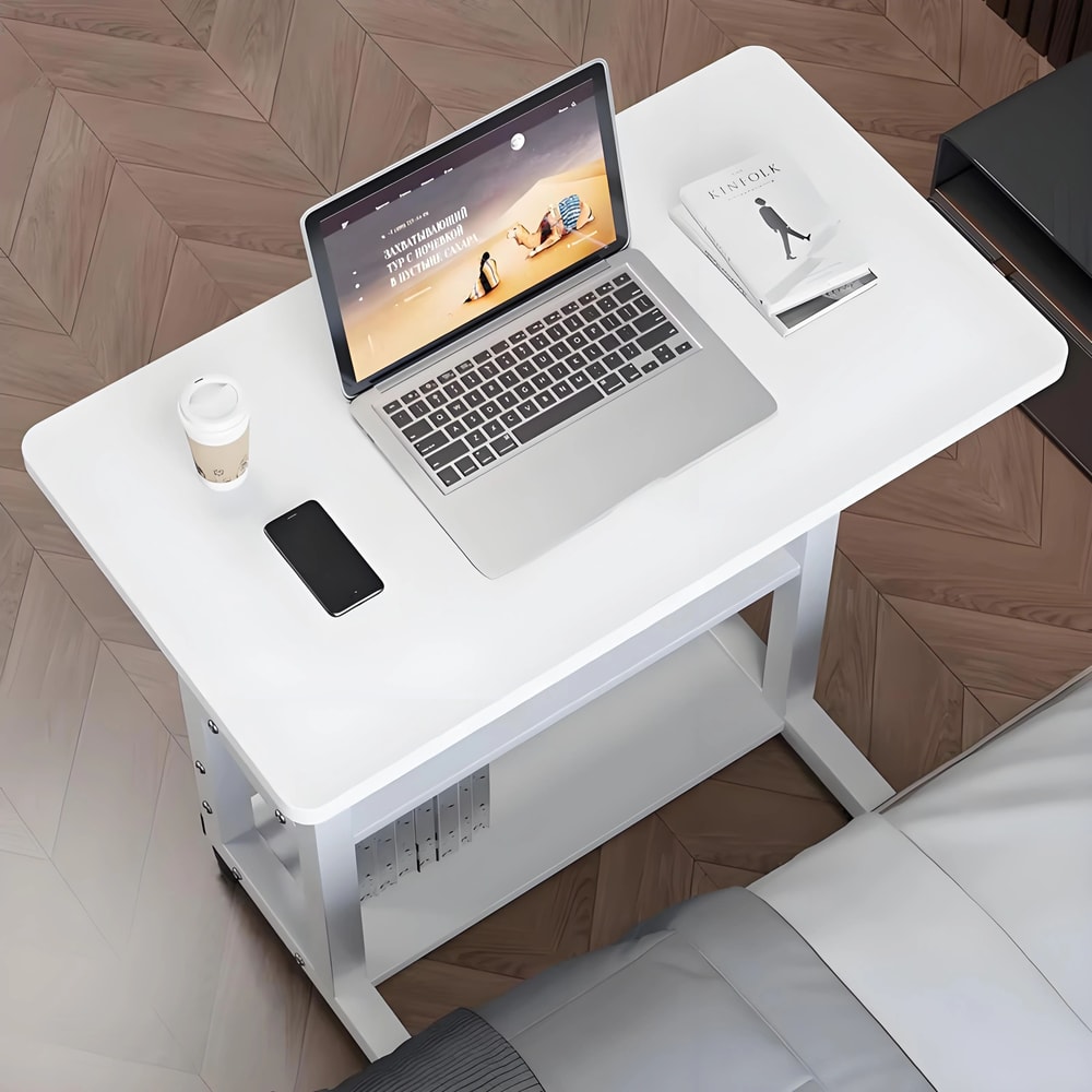 DoubleLayer Movable Office Desk With Storage Shelf Adjustable Bedside Laptop Table For Home And Wo 1
