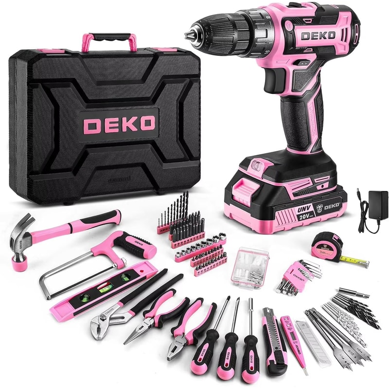 DEKO Pink 20V Cordless Power Drill Kit With Battery And Portable Tool Box 0