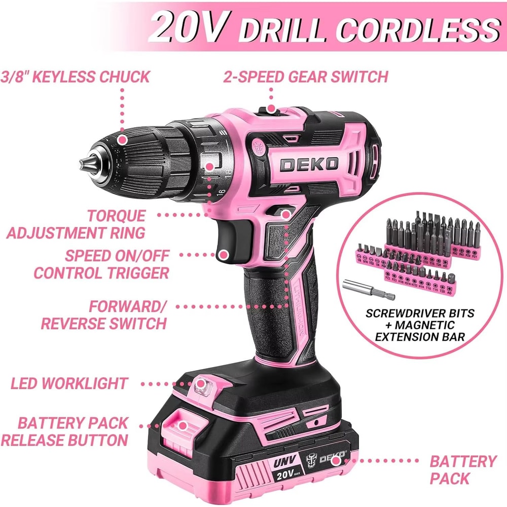DEKO Pink 20V Cordless Power Drill Kit With Battery And Portable Tool Box 1