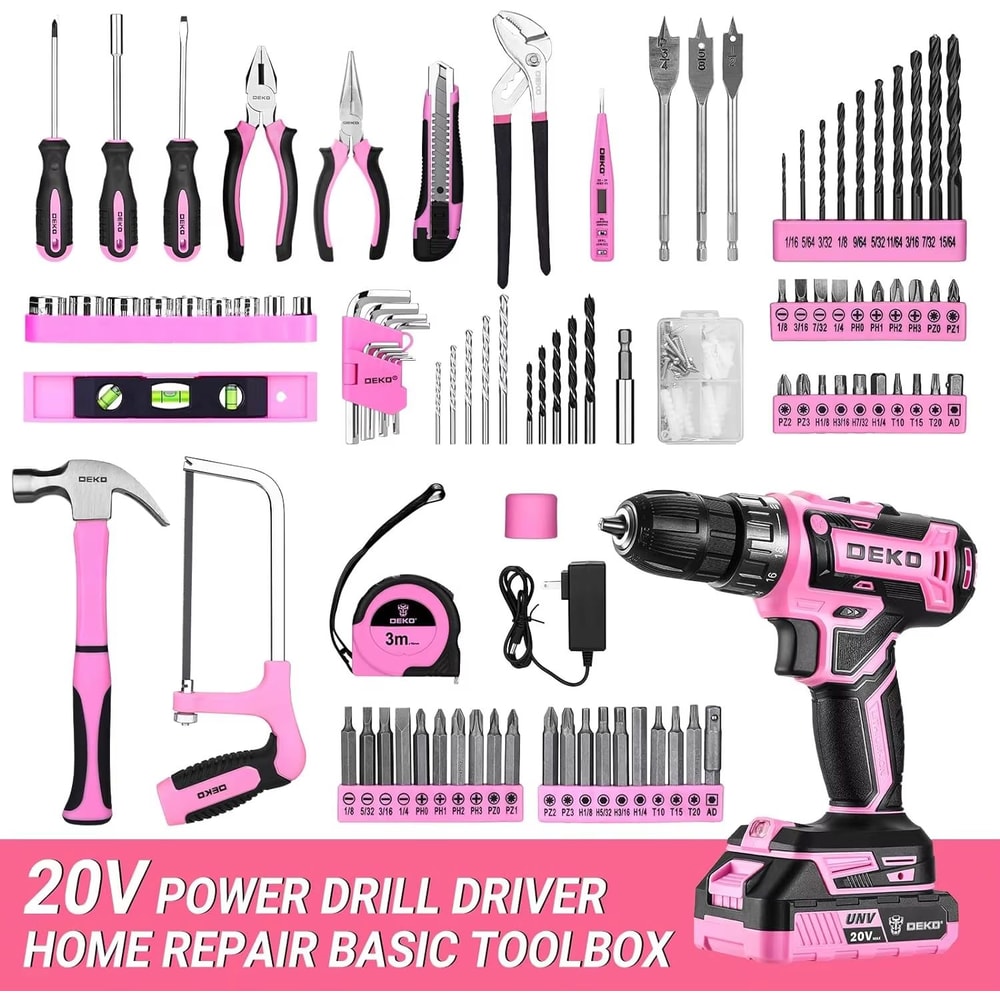 DEKO Pink 20V Cordless Power Drill Kit With Battery And Portable Tool Box 2