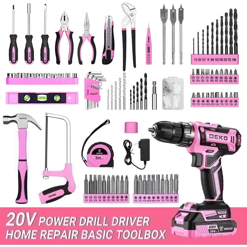 DEKO Pink 20V Cordless Power Drill Kit With Battery And Portable Tool Box 2