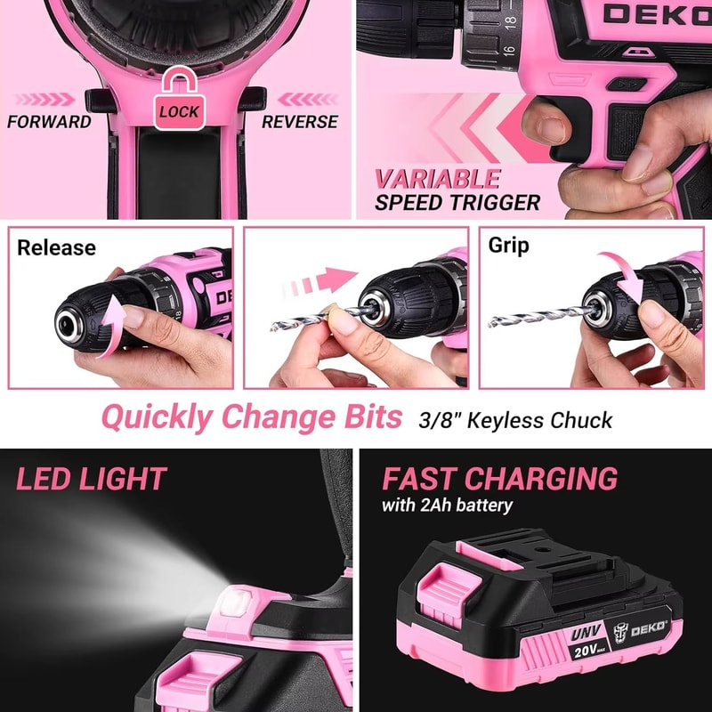 DEKO Pink 20V Cordless Power Drill Kit With Battery And Portable Tool Box 3