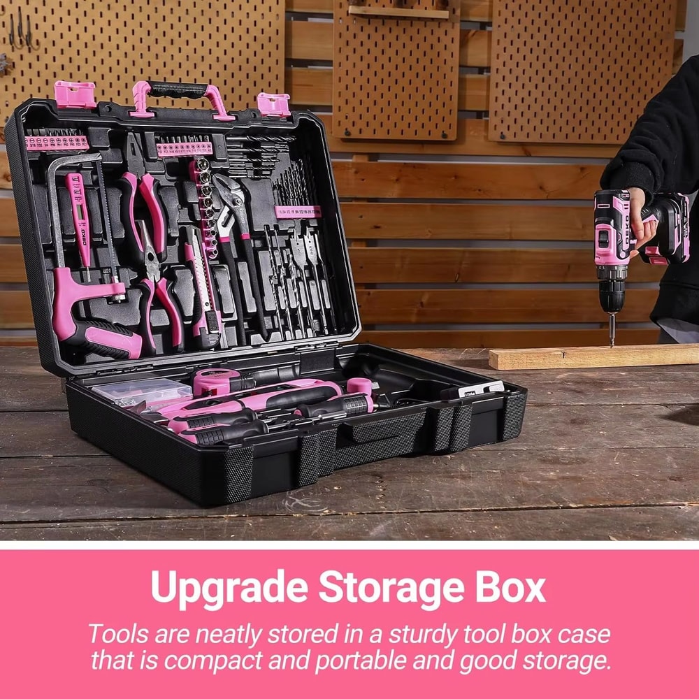 DEKO Pink 20V Cordless Power Drill Kit With Battery And Portable Tool Box 5