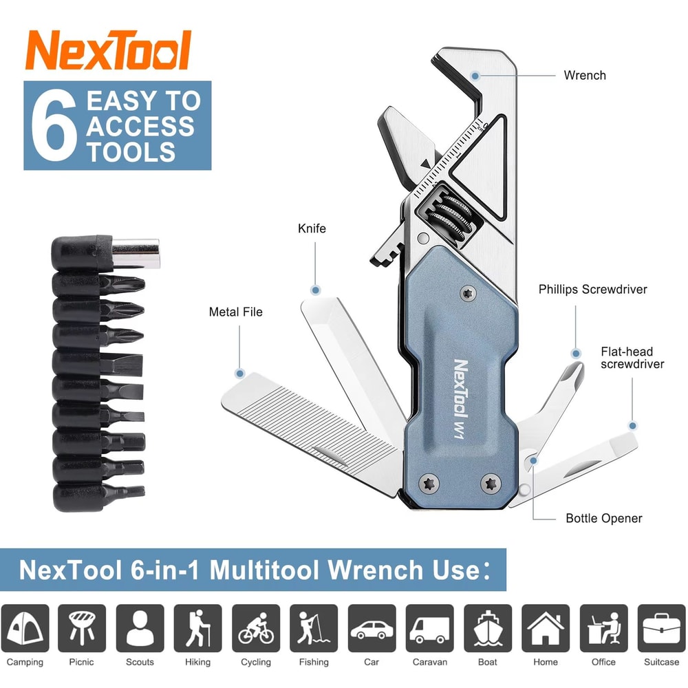 NexTool 6in1 EDC Adjustable Wrench Multitool With Screwdriver Bits Pocket Knife File And Bottle Ope 4