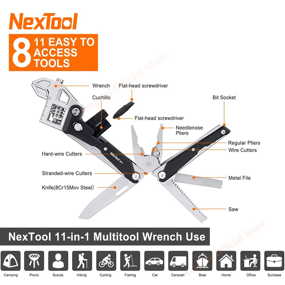 NexTool 11 In 1 Adjustable Wrench EDC Multitool With Pliers Folding Knife Saw And Screwdriver Set 4