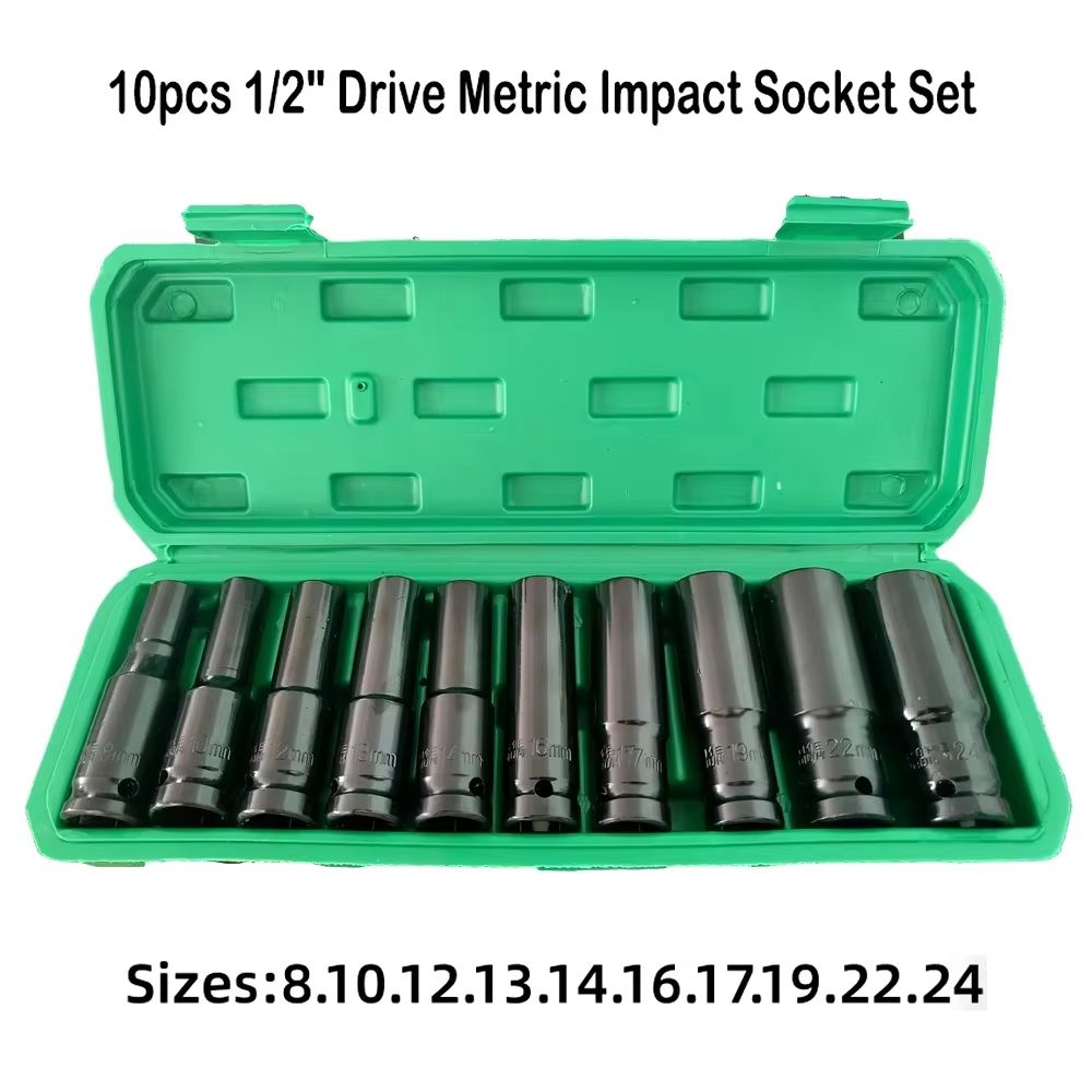 10PCS 12 Drive Metric Deep Impact Socket Set 6Point For Air Pneumatic And Auto Repair 0