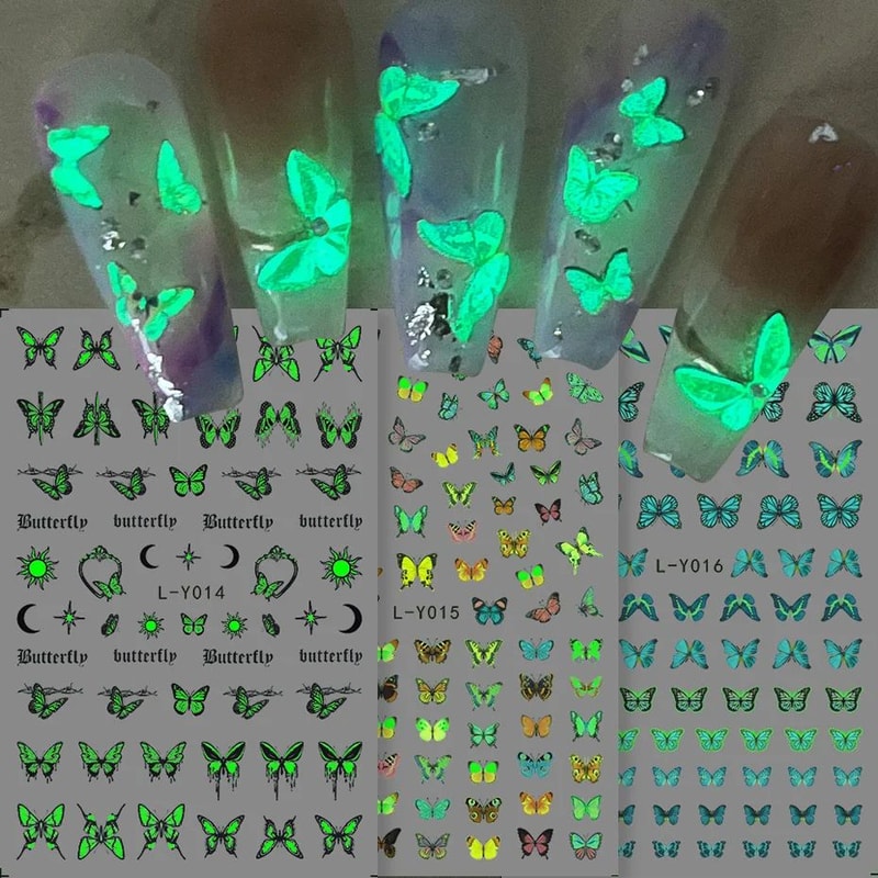 3Piece Luminous Butterfly Nail Decal Stickers GlowInTheDark Nail Art Set 0