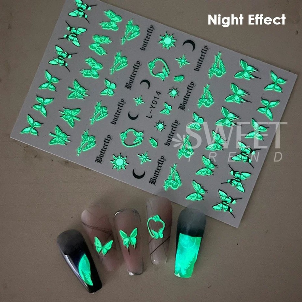 3Piece Luminous Butterfly Nail Decal Stickers GlowInTheDark Nail Art Set 2