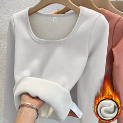 women's long sleeve thermal underwear top square collar fleece basic pullover winter shirt