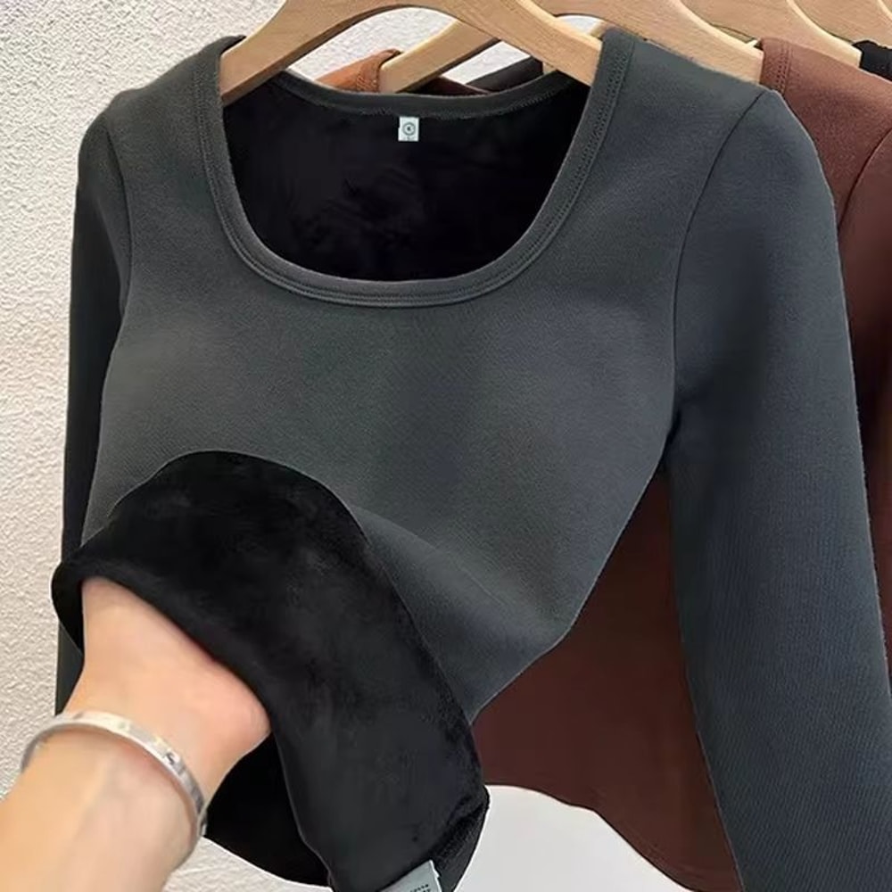 Womens Long Sleeve Thermal Underwear Top Square Collar Fleece Basic Pullover Winter Shirt 7