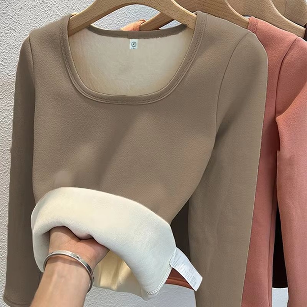 Womens Long Sleeve Thermal Underwear Top Square Collar Fleece Basic Pullover Winter Shirt 8