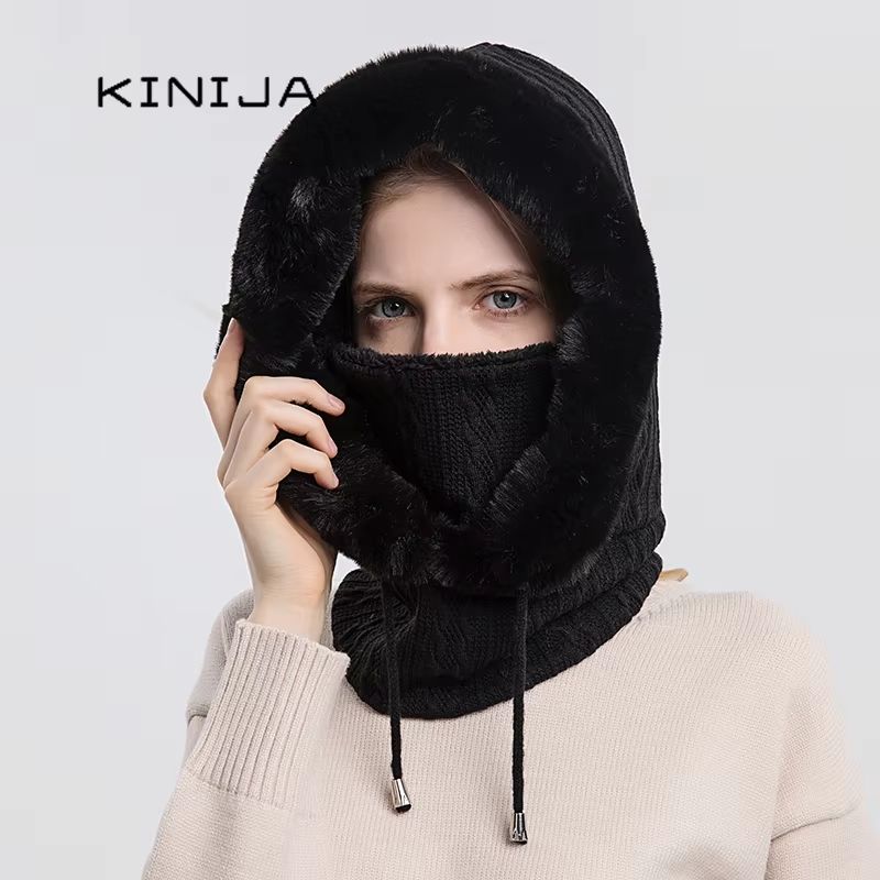 Womens Winter Fur Cap Mask Set Hooded Knitted Cashmere Neck Warm Balaclava Ski Windproof Plush Fluf 1