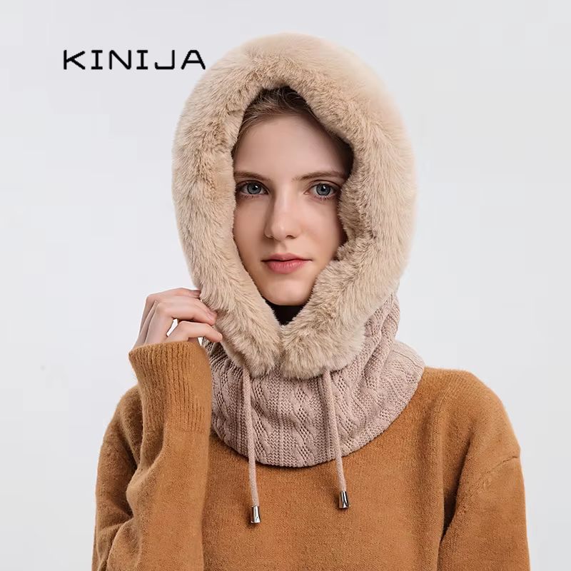 Womens Winter Fur Cap Mask Set Hooded Knitted Cashmere Neck Warm Balaclava Ski Windproof Plush Fluf 4