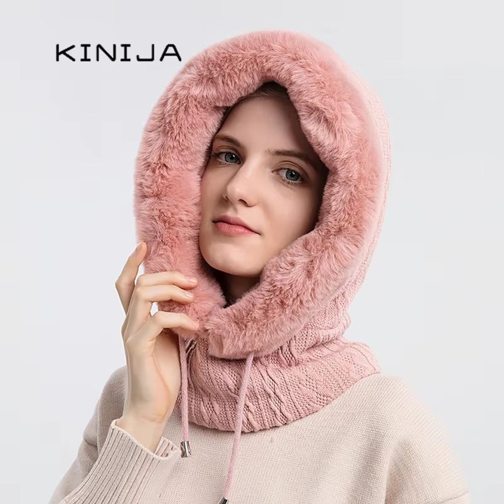 Womens Winter Fur Cap Mask Set Hooded Knitted Cashmere Neck Warm Balaclava Ski Windproof Plush Fluf 5