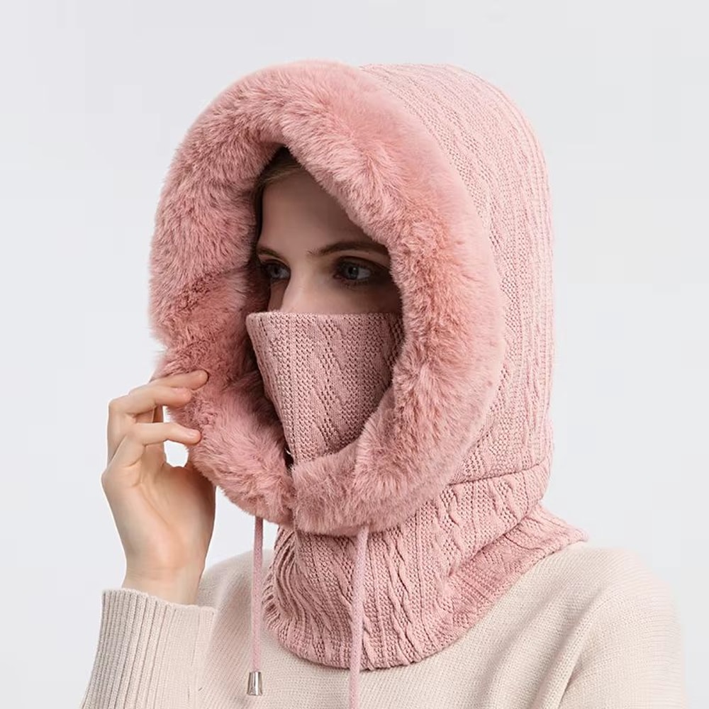 Womens Winter Fur Cap Mask Set Hooded Knitted Cashmere Neck Warm Balaclava Ski Windproof Plush Fluf 6
