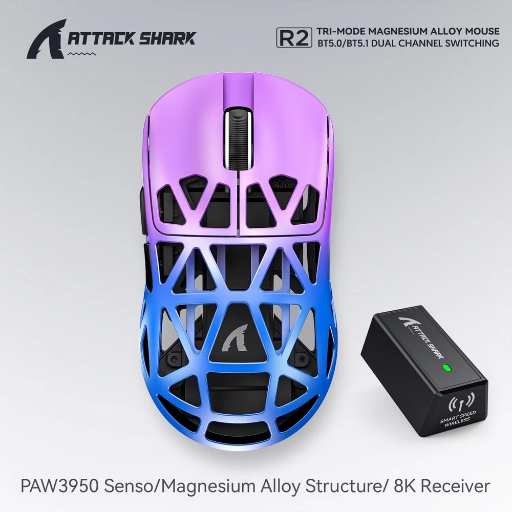 ATTACK SHARK R2 Magnesium Alloy Wireless Gaming Mouse PAW3950 Sensor 8K Polling Tri Mode Bluetooth 9
