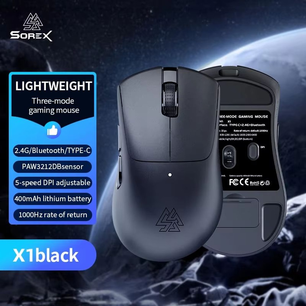 SOREX X1 Tri Mode Wireless Gaming Mouse Bluetooth 50 1000Hz Polling 6400 DPI Lightweight Control 6