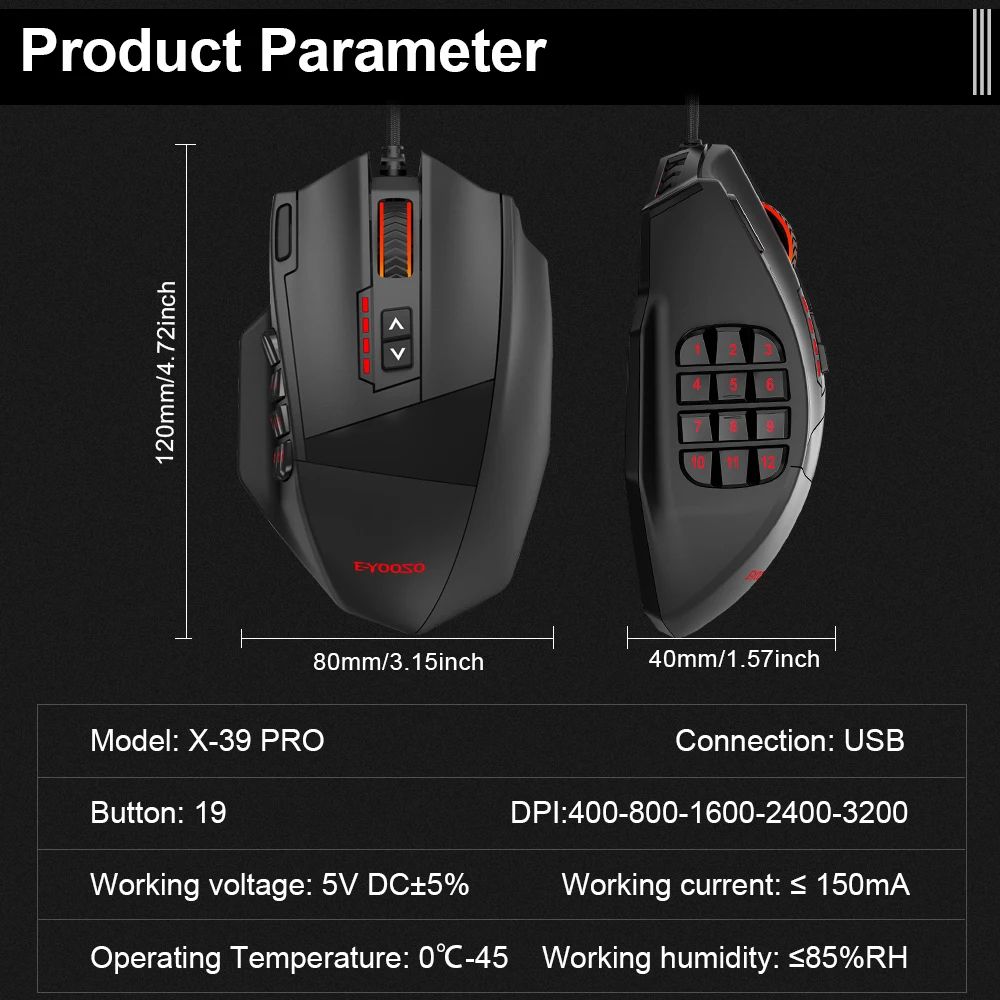 EYOOSO X39 Wired Gaming Mouse With 19 Programmable Buttons RGB Backlight Up To 24000 DPI 5