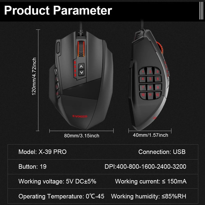 EYOOSO X39 Wired Gaming Mouse With 19 Programmable Buttons RGB Backlight Up To 24000 DPI 5