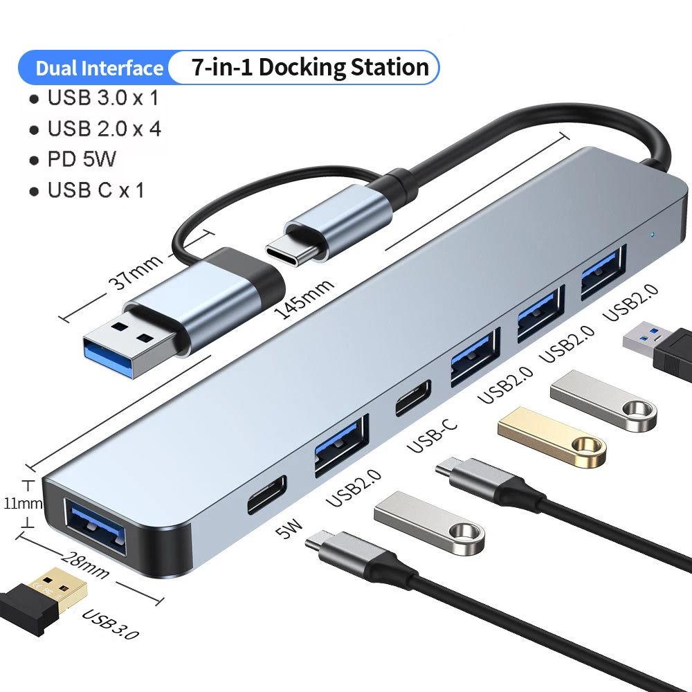 Aluminum 7 In 1 USB C Hub With USB 30 4 USB 20 And Dual USB C Ports 0