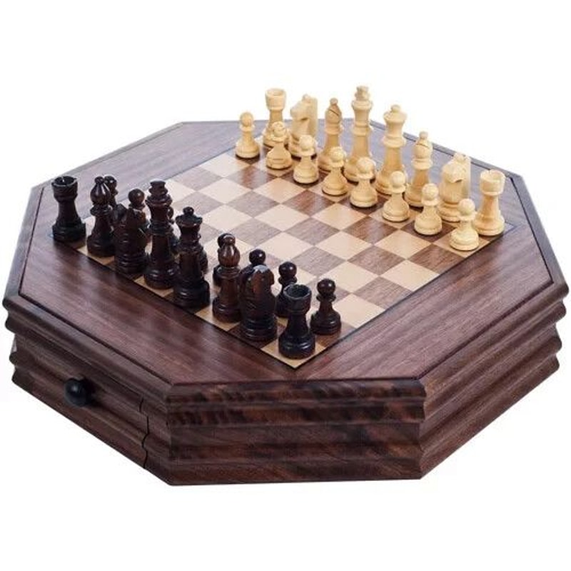 Octagon Wooden Chess And Checkers Set 13Inch Board With Storage Drawers 4