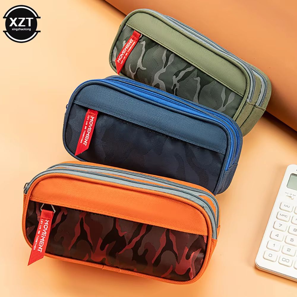 Double Zipper Camouflage Canvas Pencil Case Large Capacity Student Stationery Organizer 0