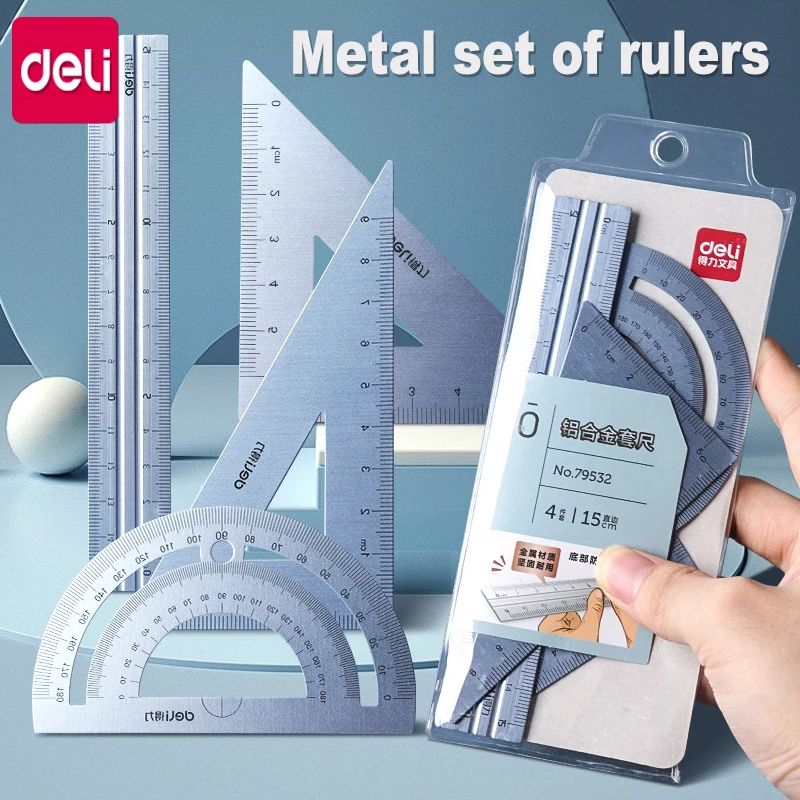 Deli Metal Triangle Ruler Set Geometry Measuring Rulers For School Drawing And Office Use 0