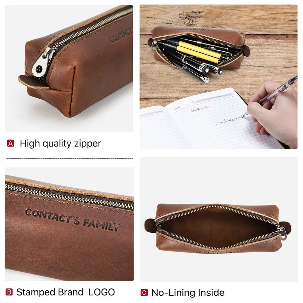 Retro Leather Pencil Case Organizer High Capacity Zipper Pen Pouch For School And Office 2