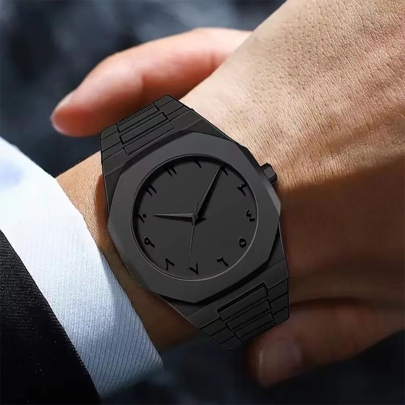 Mens Black Quartz Watch With Arabic Numerals Minimalist Casual Wristwatch With Drip Oil Strap 3