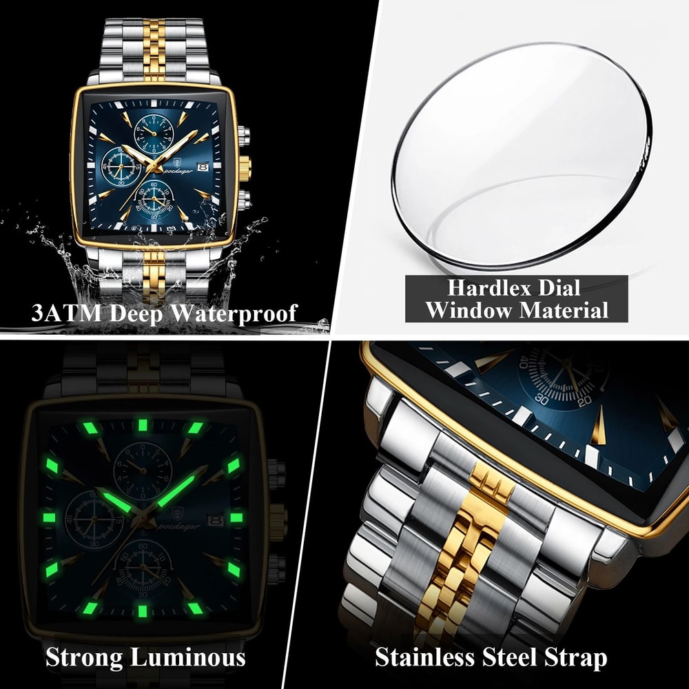 POEDAGAR Square Chronograph Watch Stainless Steel Mens Quartz Watch Luminous Waterproof Wristwatch 2