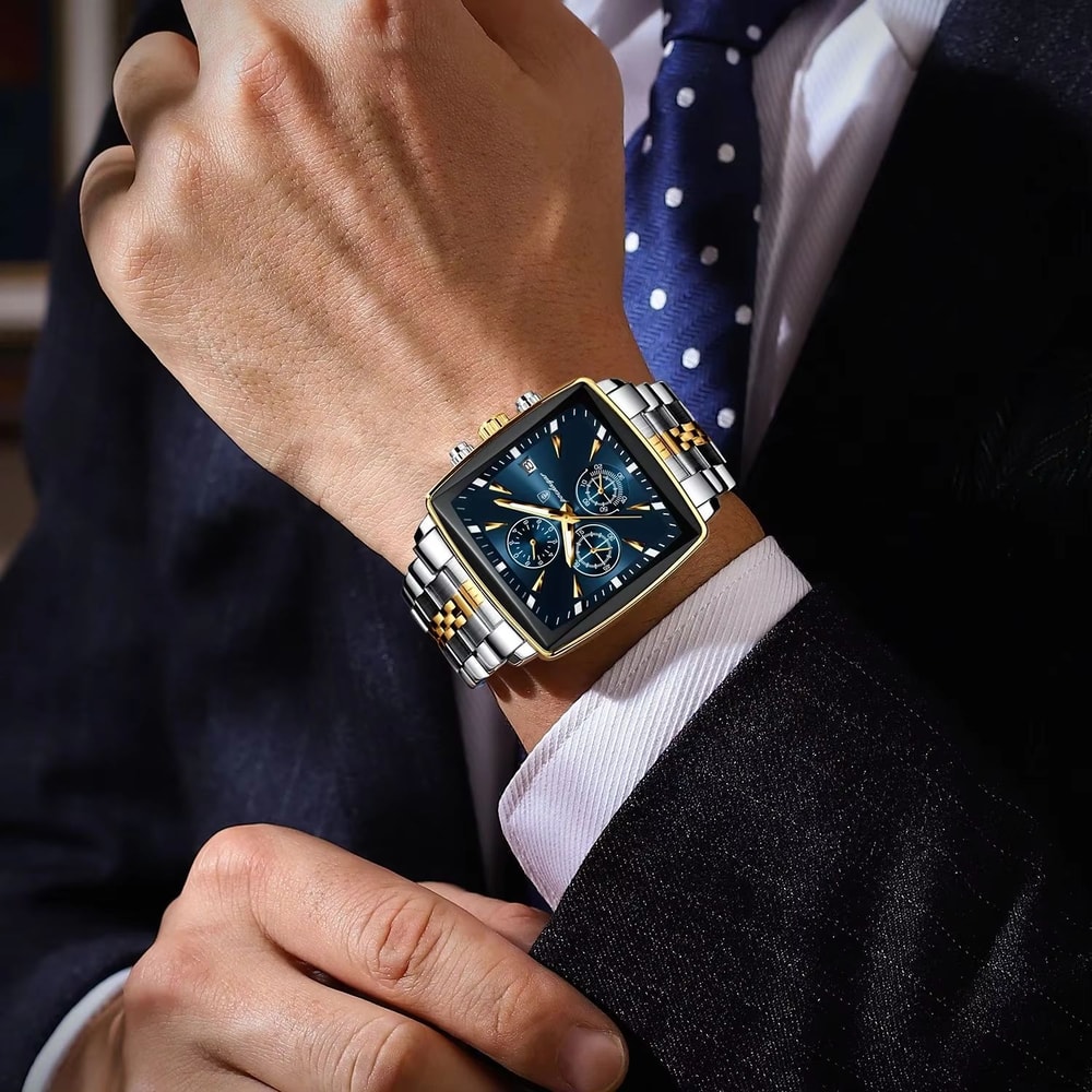 POEDAGAR Square Chronograph Watch Stainless Steel Mens Quartz Watch Luminous Waterproof Wristwatch 3